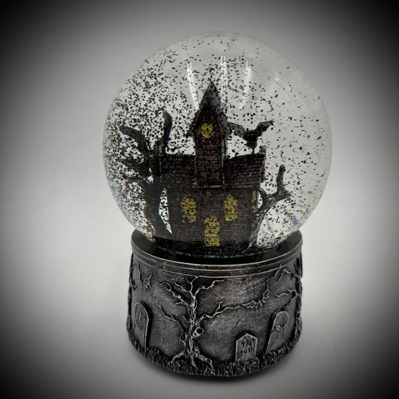 Haunted House Musical Snow Globe Spooky Halloween Decoration Tombstone Bat - Picture 1 of 7